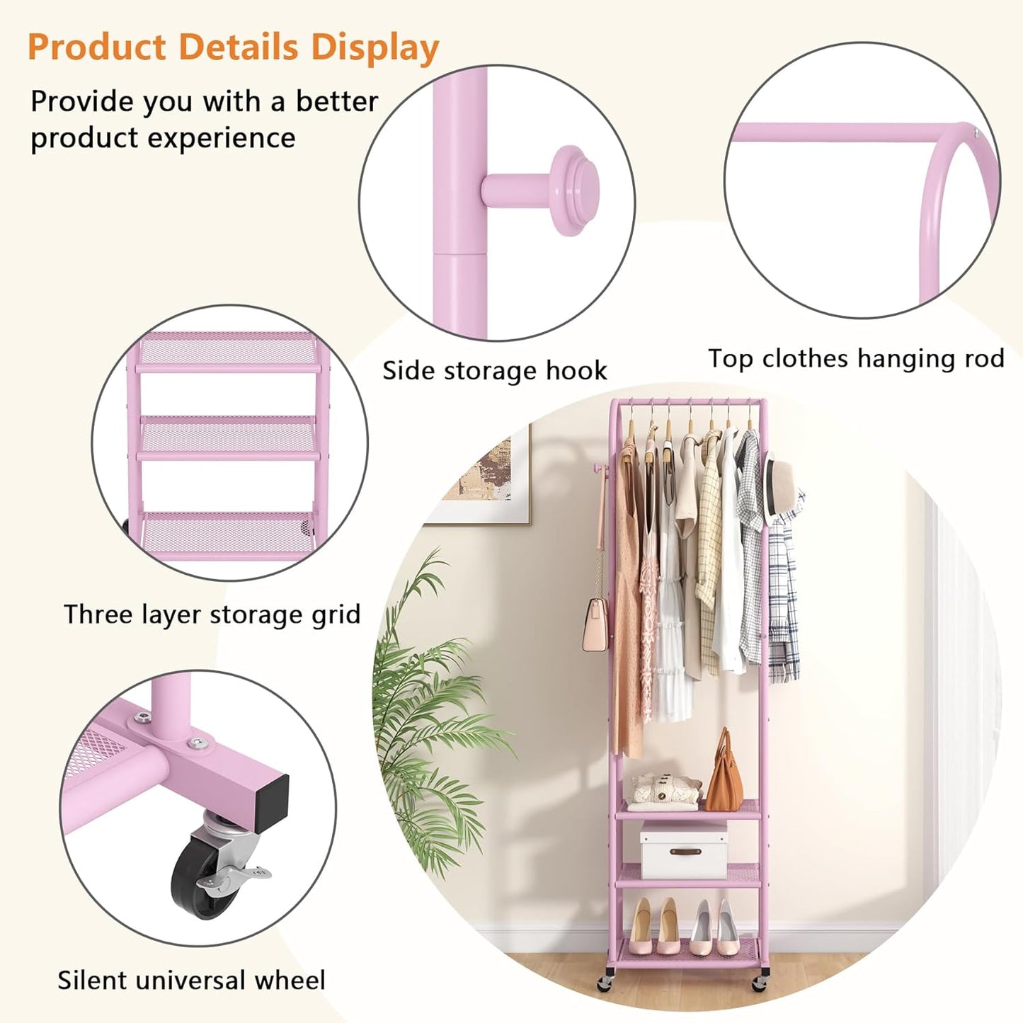 Kaitiemoo Heavy Duty Clothing Rack with Wheels,Modern Garment Rack with 3 Metal Shelves, 71.8Inches Display Rack for Hanging Clothes, Hanging Rod for Small Spaces,White