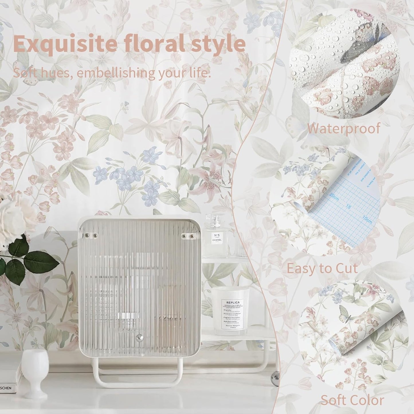 Dimoon 17.3''x78.7'' Vintage Peel and Stick Wallpaper Boho Beige Neutral Contact Paper White Floral Bird Wallpaper Removable Botanical Renter Friendly Modern Wall Paper Bedroom Bathroom Vinyl Roll