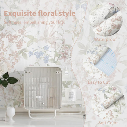 Dimoon 17.3''x78.7'' Vintage Peel and Stick Wallpaper Boho Beige Neutral Contact Paper White Floral Bird Wallpaper Removable Botanical Renter Friendly Modern Wall Paper Bedroom Bathroom Vinyl Roll