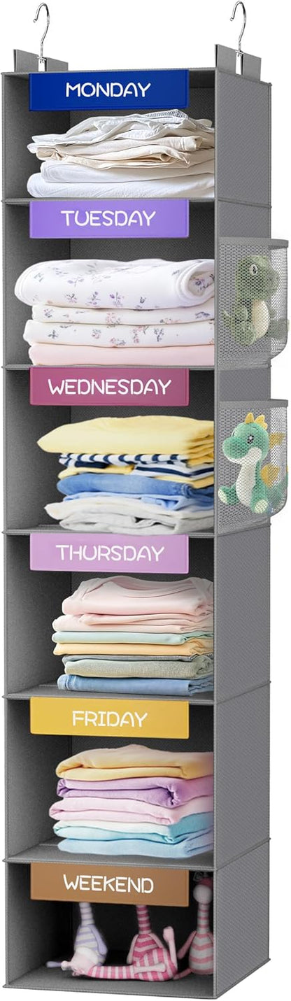 Weekly Hanging Closet Organizer for Kids, 6-Shelf Clothes Storage with Labeled Days of The Week Monday Through Friday, Weekday and Weekend, Days of The Week Clothes Organizer