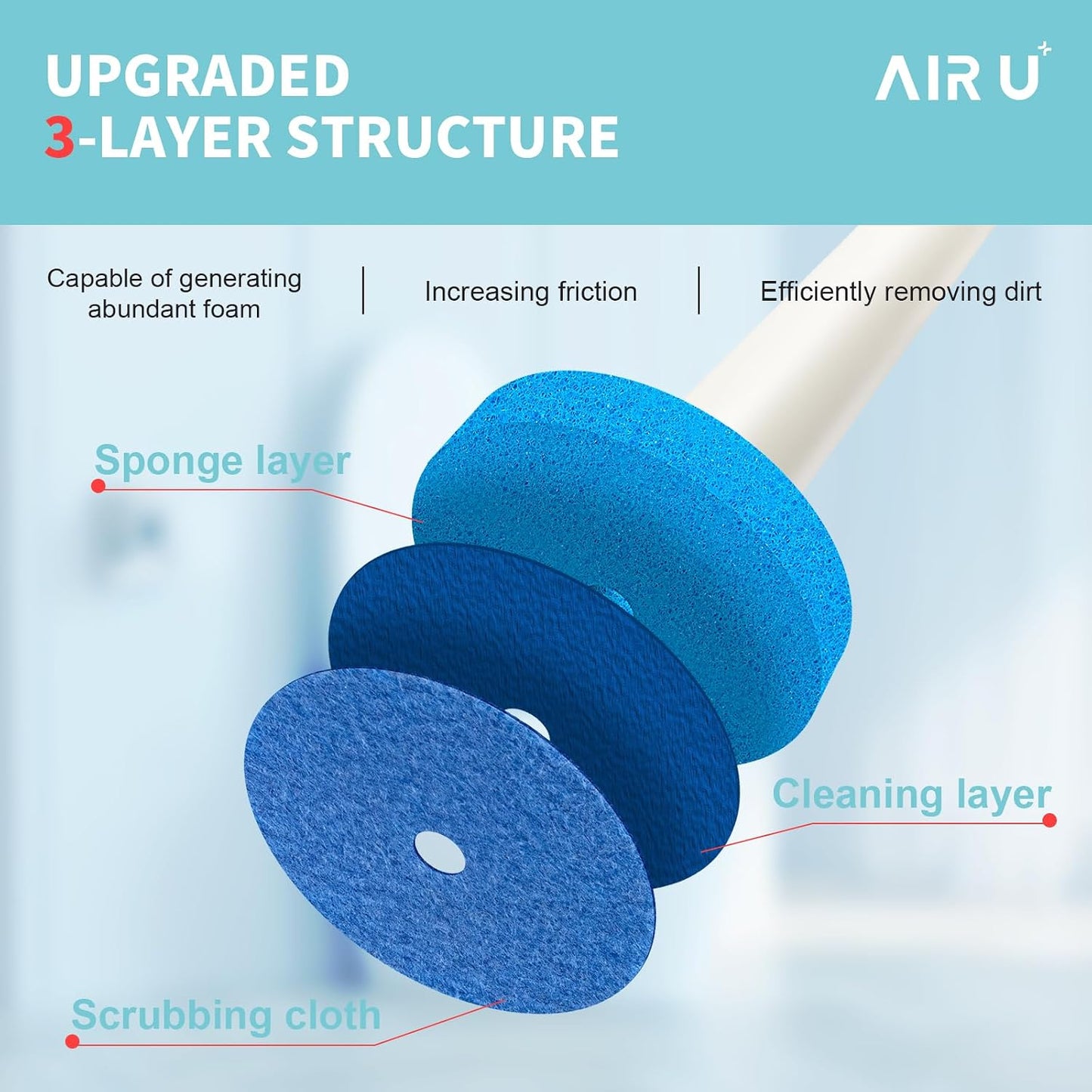 AIR U+ Disposable Toilet Brush, Toilet Bowl Cleaning System with 24 Count Wand Refill, Clean Brush Starter Kit with 1 Toilet Wand, 1 Storage Caddy and 1 Fragrant Tablet (1 + 24)
