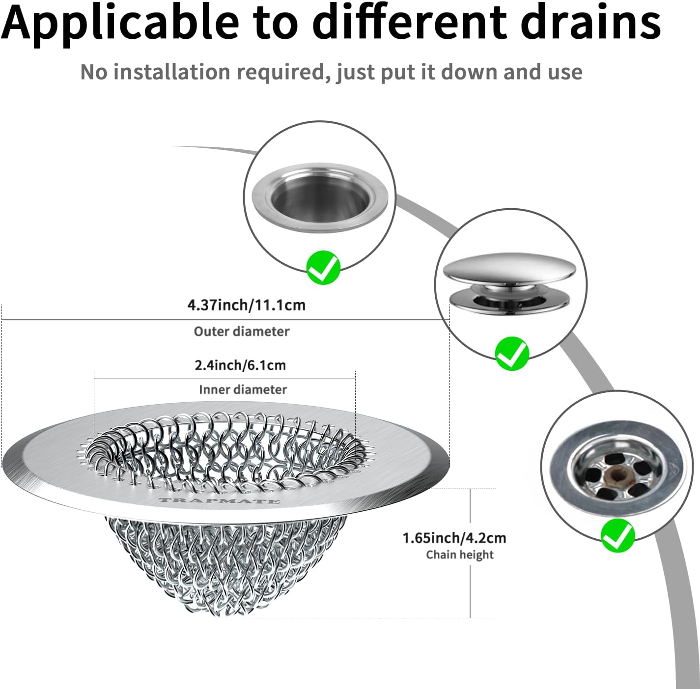 TRAPMATE Shower Drain Hair Catcher, 4.4" Easy Clean Bathtub Drain Hair Catcher, Anti-Slip Bath Tub Drain Protector, Upgraded 304 Stainless Steel Shower Sink Drain Cover for Bathroom (Patented Product)