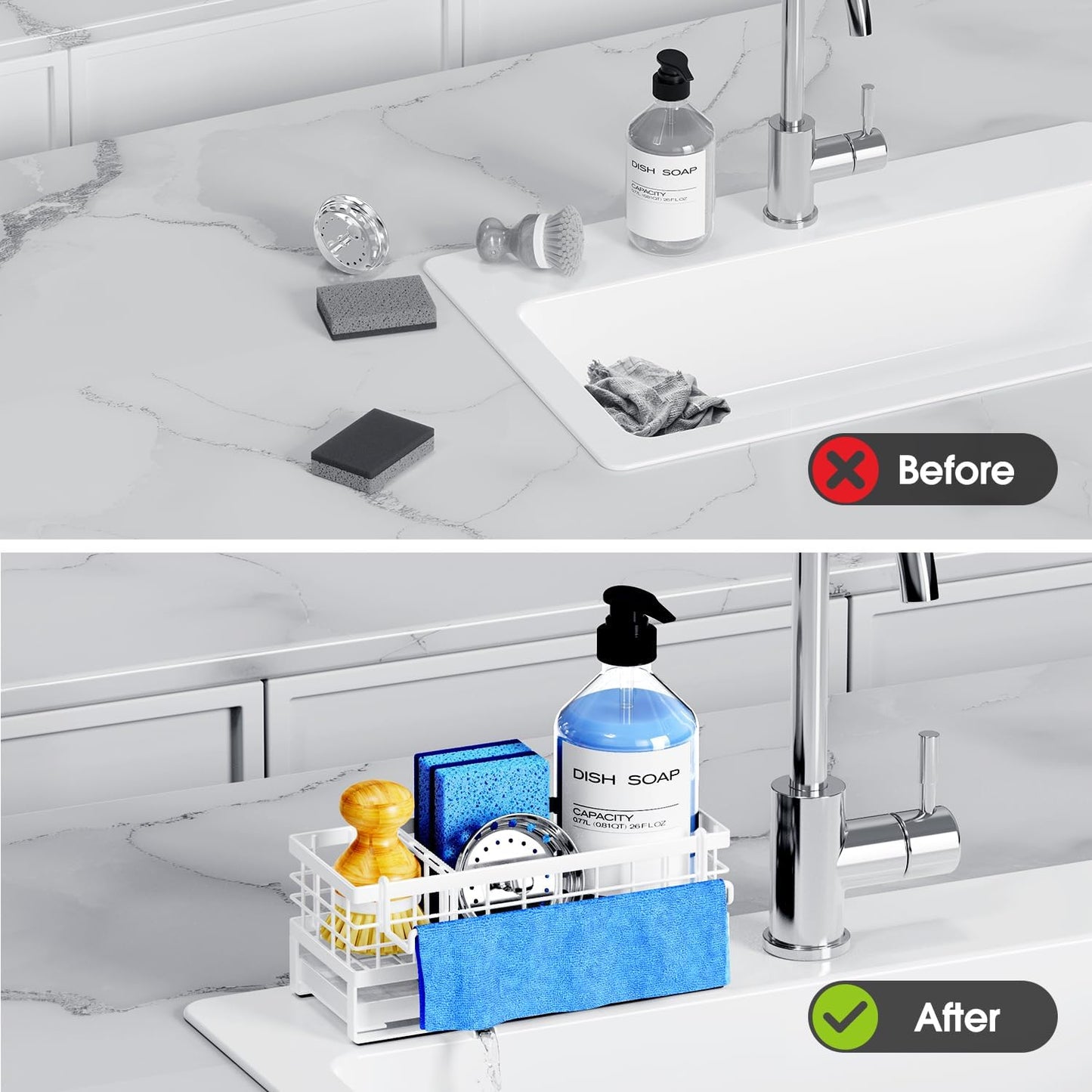 Kitchen Sink Sponge Holder, Rustproof Non-Slip Self-Draining Metal Sink Caddy with Detachable Dish Cloth Holder (Black)