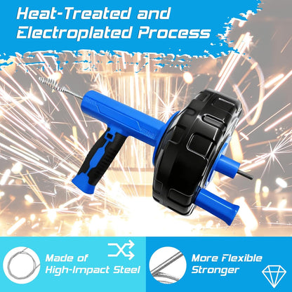 25FT Drain Snake, Auto Feed Retract Flexible Drain Auger for Drain Clogged, Manual or Drill Powered Plumbing Snake Hair Clog Remover for BathTub Sink Shower (Blue)
