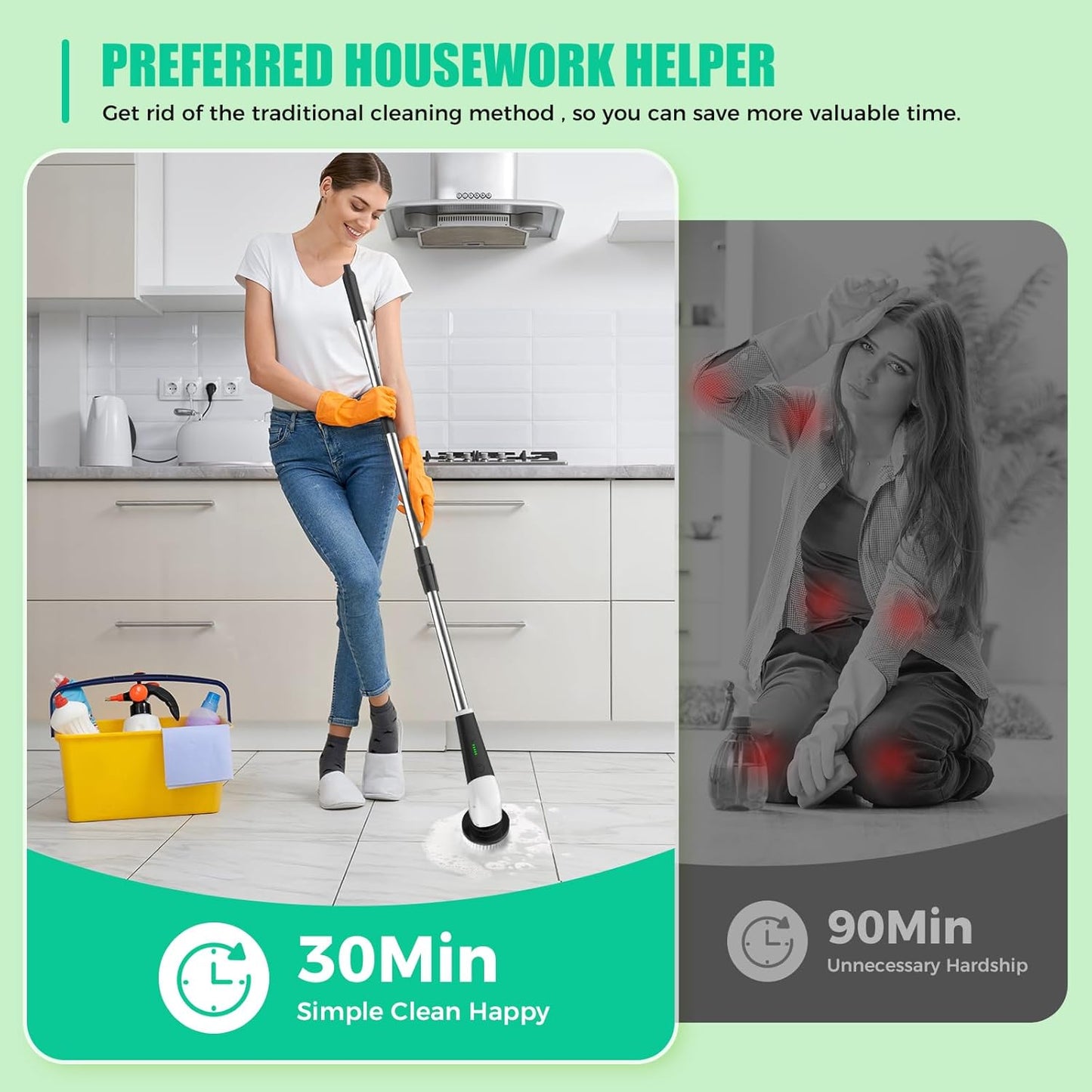 YKYI Electric Spin Scrubber, Cordless Power Scrubber Cleaning Tool with 8 Replaceable Heads and Extension Handle for Bathroom, Tub, Tile, Floor, Grout and Car (White)