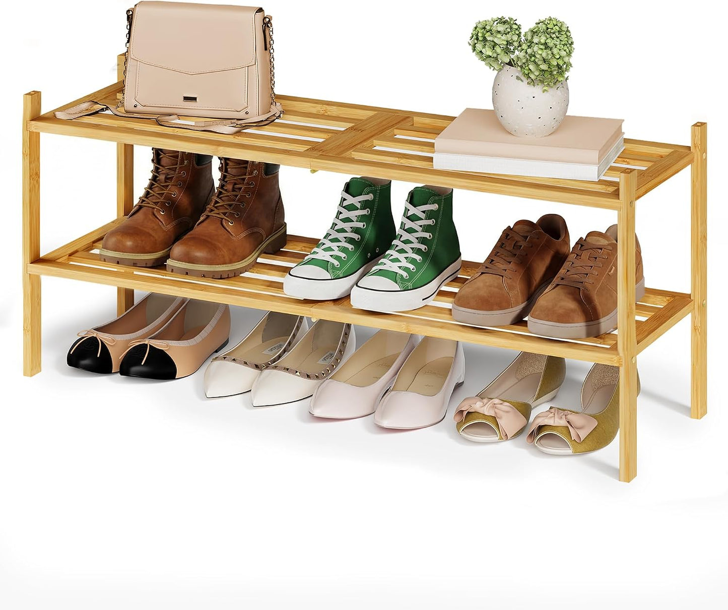 SONGMICS Bamboo Shoe Rack for Closet, Stackable Shoe Oragnizer with Modular Structure, Space-Saving Free Standing Shelf for Entryway Bedroom, 2-Tier, Holds 9-12 Pairs, Natural Color ULBS052YL01