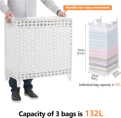 Laundry Hamper with 3 Removable Liner Bags; 132L Handwoven Rattan Laundry Basket with Lid & Heightened Feet; Clothes Hamper with Side Handles; Laundry Sorter with 3 Separate Sections