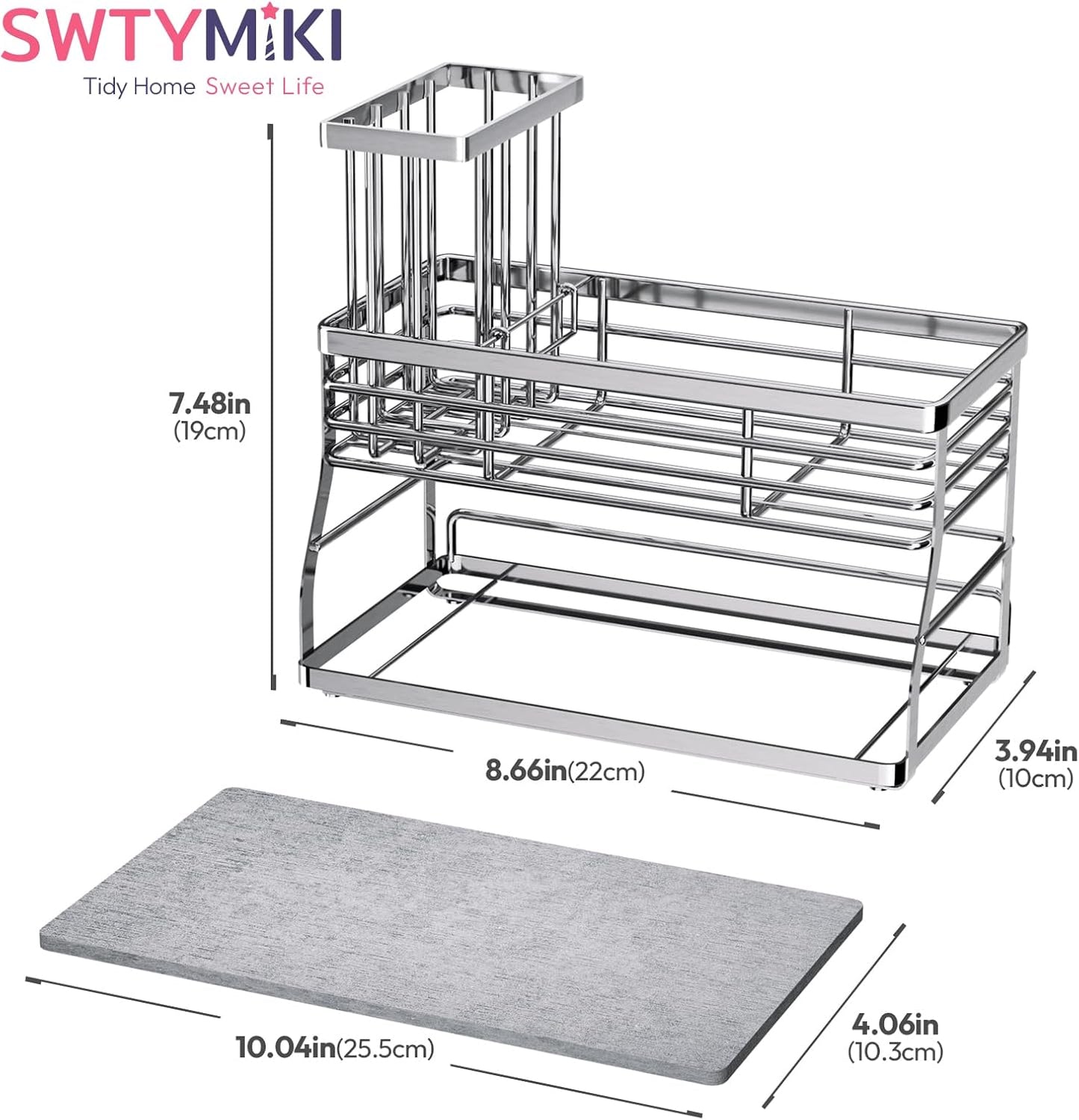 SWTYMIKI Sponge Holder for Kitchen Sink - Sink Caddy with Brush Holder and Stainless Steel Self Drain Tray, Sponge Caddy Organizer with Divider Kitchen Accessories Storage for Countertop, Black