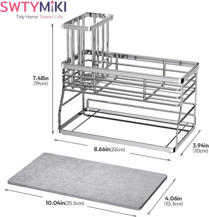 SWTYMIKI Sponge Holder for Kitchen Sink - Sink Caddy with Brush Holder and Stainless Steel Self Drain Tray, Sponge Caddy Organizer with Divider Kitchen Accessories Storage for Countertop, Black