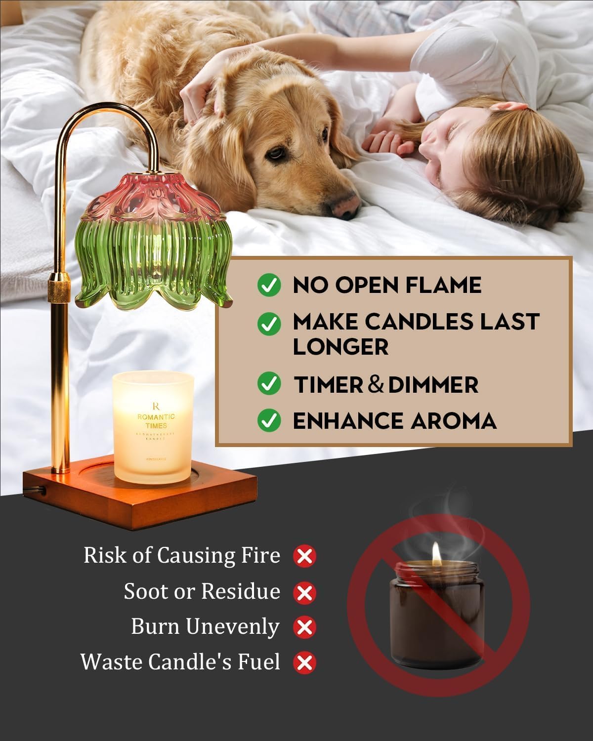 Funistree Flower Candle Warmer Lamp with Timer & Dimmer, Adjustable Height Candle Warmer, Christmas Birthday Gifts for Women Mom, House Warming New Home Decor, Wax Warmer with 2 Bulbs for Jar Candles