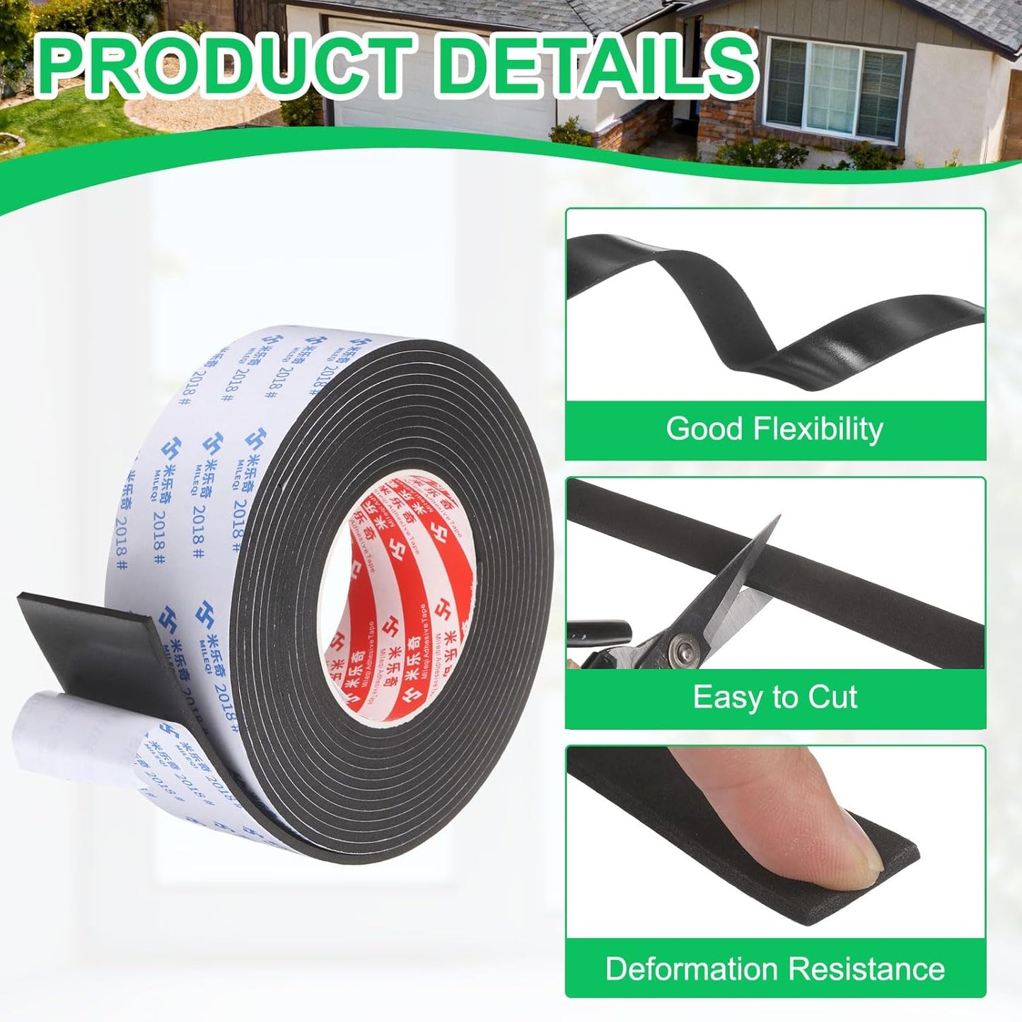 PATIKIL Sponge Rubber Foam Tape, 5/8" W x 1/8" t x 16.4ft l Self-Adhesive Foam Insulation Tape Weather Stripping for Window Door Soundproofing Weatherstrip AC Seal Strip, Black