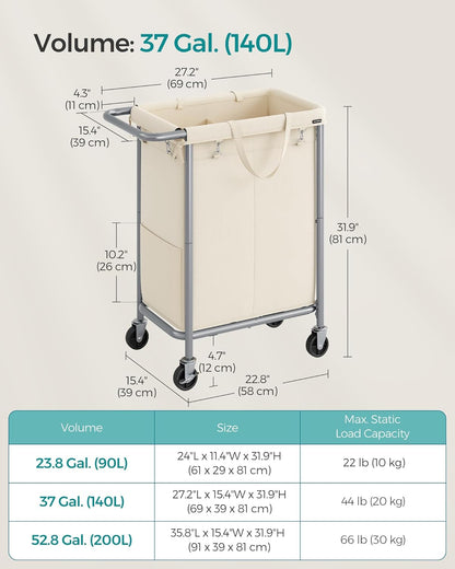 SONGMICS Laundry Basket with Wheels, 3-Section Rolling Laundry Hamper, 52.8 Gallons (200 L), Removable Liner, Steel Frame with Handle, 35.8 x 15.4 x 31.9 Inches, Cream White URLS005W01