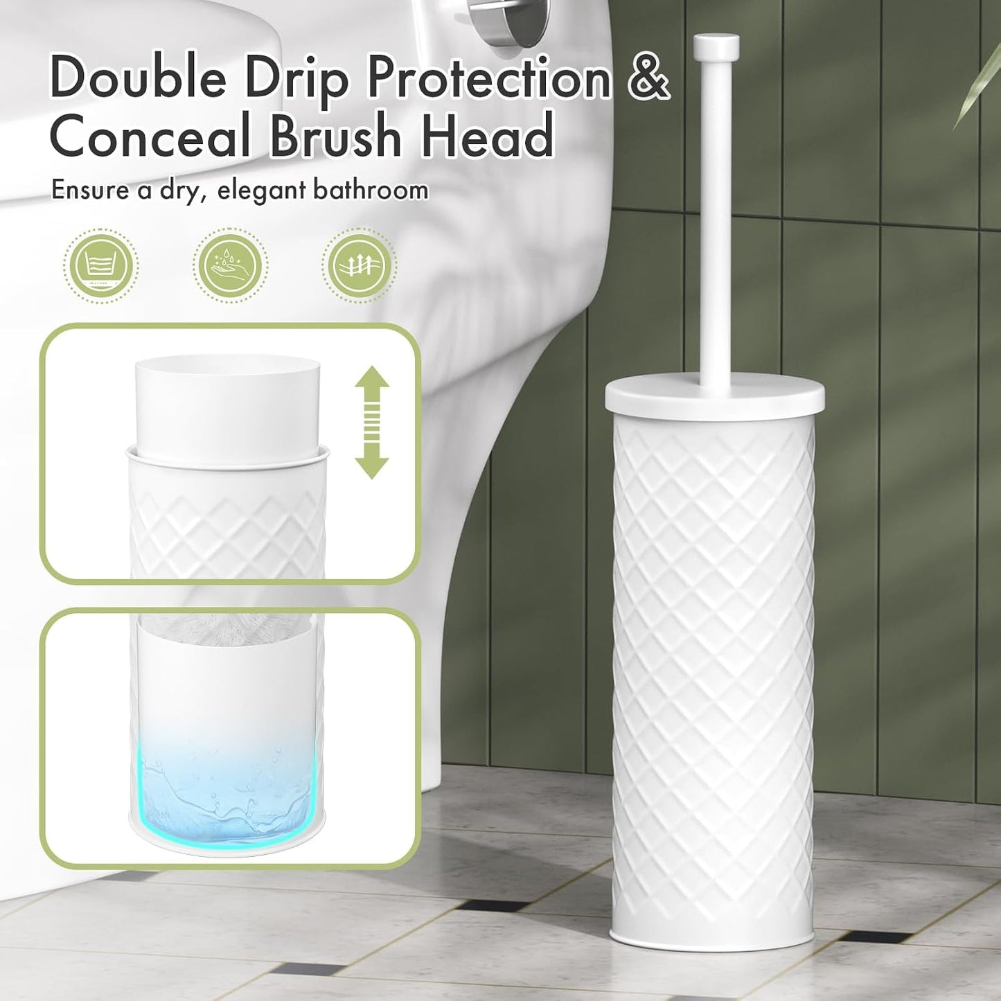 Toilet Bowl Brush and Holder Set 2 Pack with 4 Extra Brush Heads | Extra Long Handle with Splash Guard Cover, Tool-Free Installation, Bathroom Space-Saving, Cleaner Sets for Apartments, RV (White)