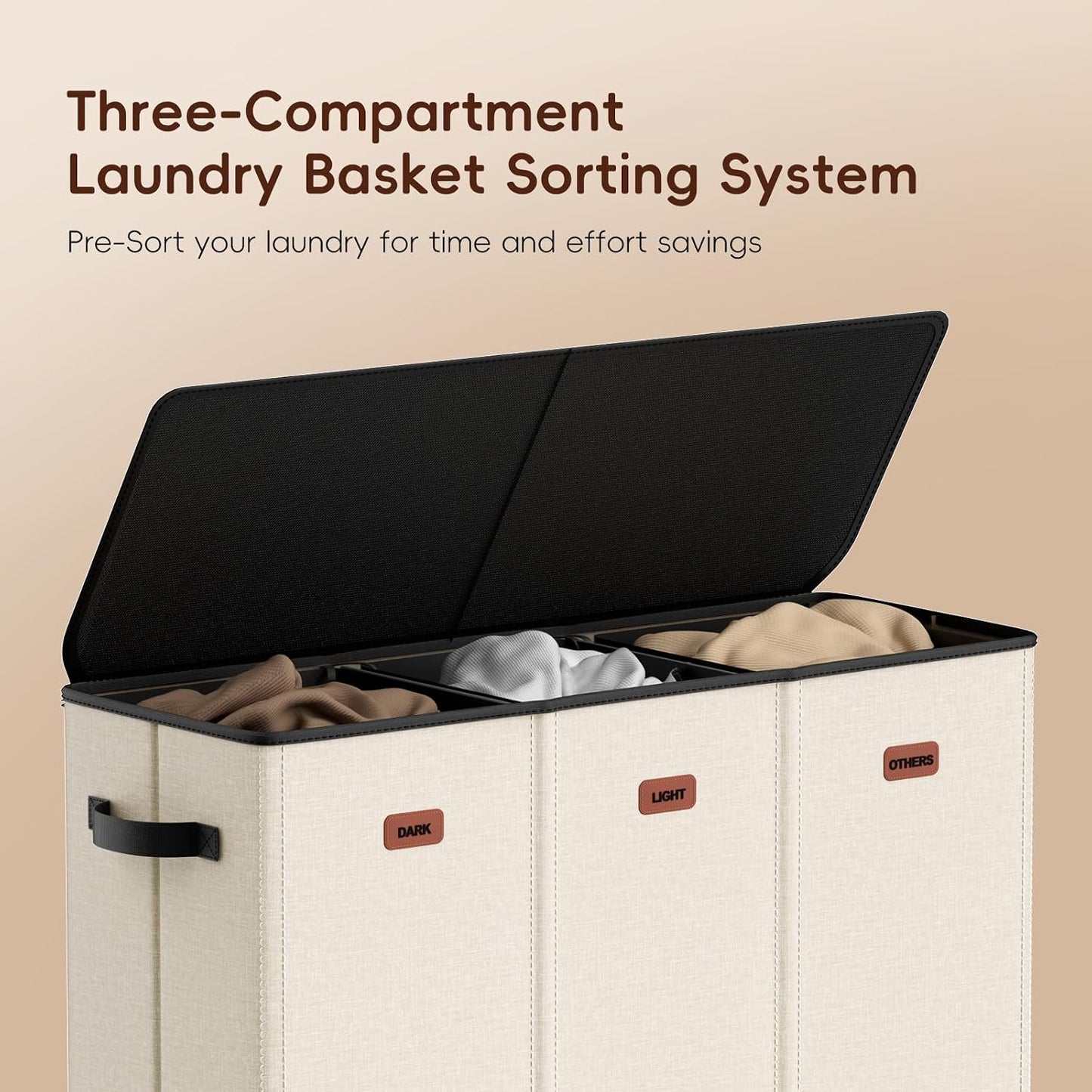 185L Laundry Hamper 3 Section, Laundry Hamper with Lid, Dirty Clothes Hamper with 3 Removable Washing Bags, Extra Large Laundry Basket Organizer for Bedroom, Laundry Room, Dorm - Black