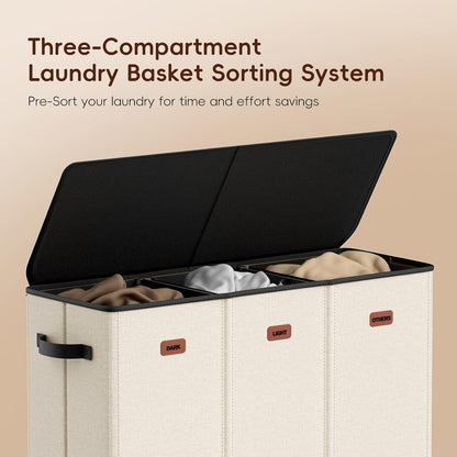 185L Laundry Hamper 3 Section, Laundry Hamper with Lid, Dirty Clothes Hamper with 3 Removable Washing Bags, Extra Large Laundry Basket Organizer for Bedroom, Laundry Room, Dorm - Black