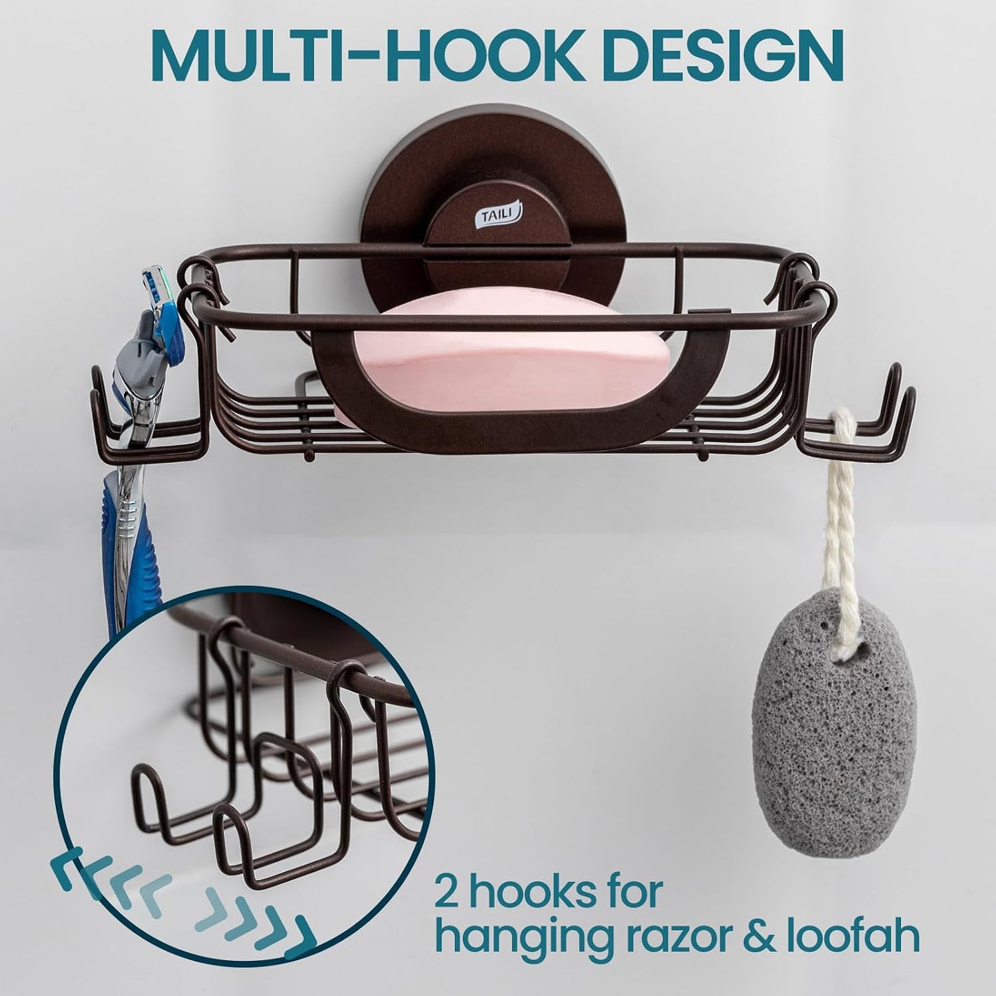 TAILI Soap Holder for Shower – Suction Cup Bar Soap Dish with Hooks, Rustproof Stainless Steel, Self-Draining Sponge Holder with Razor Holder for Bathroom & Kitchen, Black