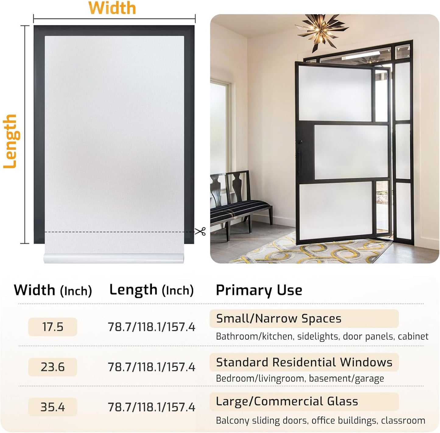 LUTE Window Privacy Film, Frosted Glass Window Film for Bathroom, Static Cling Removable Heat Control Glass Coverings, Non Adhesive Opaque Door Sticker for Home Office (Pure, 17.5" x 78.7")