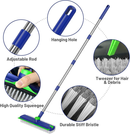 3 in 1 Floor Scrub Brush with Long Handle & Squeegee | Heavy-Duty, Adjustable, 360° Rotating Head for Cleaning Tile Bathroom Deck Kitchen Patio, Blue