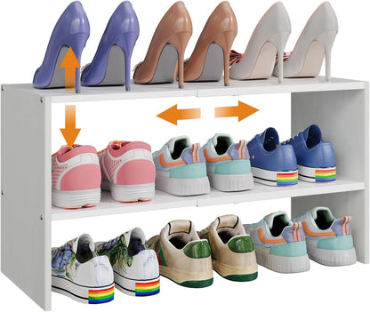 X-cosrack 2 Pack 2-Tier Shoe Rack Organizer for Closet, Expandable and Adjustable White Shoe Rack, Stackable Iron Wood Combination Shoe Storage Shelves for Closets, Entryway, Small Space, Garage