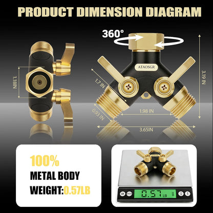Garden Hose Splitter 2 Way Heavy Duty, Metal Body Water Hose Splitter | with Shut-Off Valve,360° Brass Swivel,3/4'' GHT Connector Full Flow Hose Bib Splitter, For Outdoor Spigot Faucet