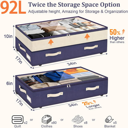 Dolicer 2 Pack Under Bed Storage with Wheels, 6in-10in Height Adjustable Underbed Storage Containers, 92L XXXL Under Bed Drawers Rolling Bin with Clear Lids for Dorm Shoes Clothes Organizers(Grey)