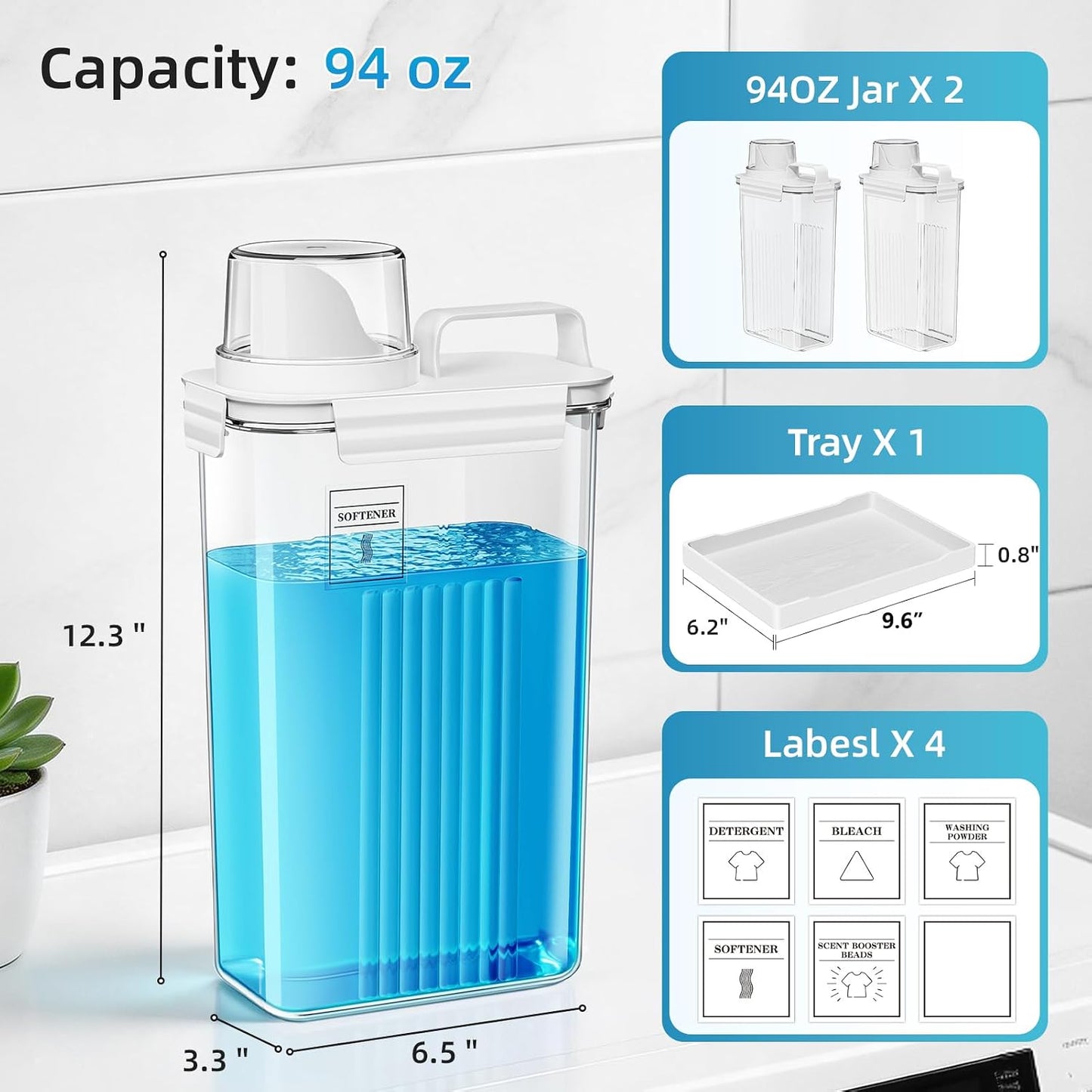 Laundry Detergent Dispenser for Laundry Room,94oz Fabric Softener Dispenser,Liquid Laundry Detergent Container,Laundry Detergent Organizer for Laundry Room Organization with 6 Labels,2 Pack