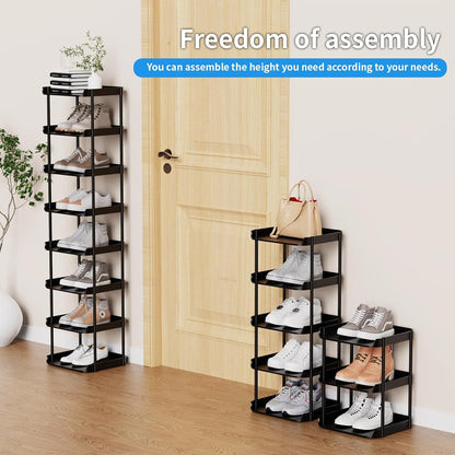 6 Tier Vertical Narrow Shoe Rack, Stackable Tall Skinny Shoerack, Compact Single Shoes Storage Tower for Slim Space, Corner Plastic Shelves, for Hallways, Entryway, Bedrooms Organizer, Black