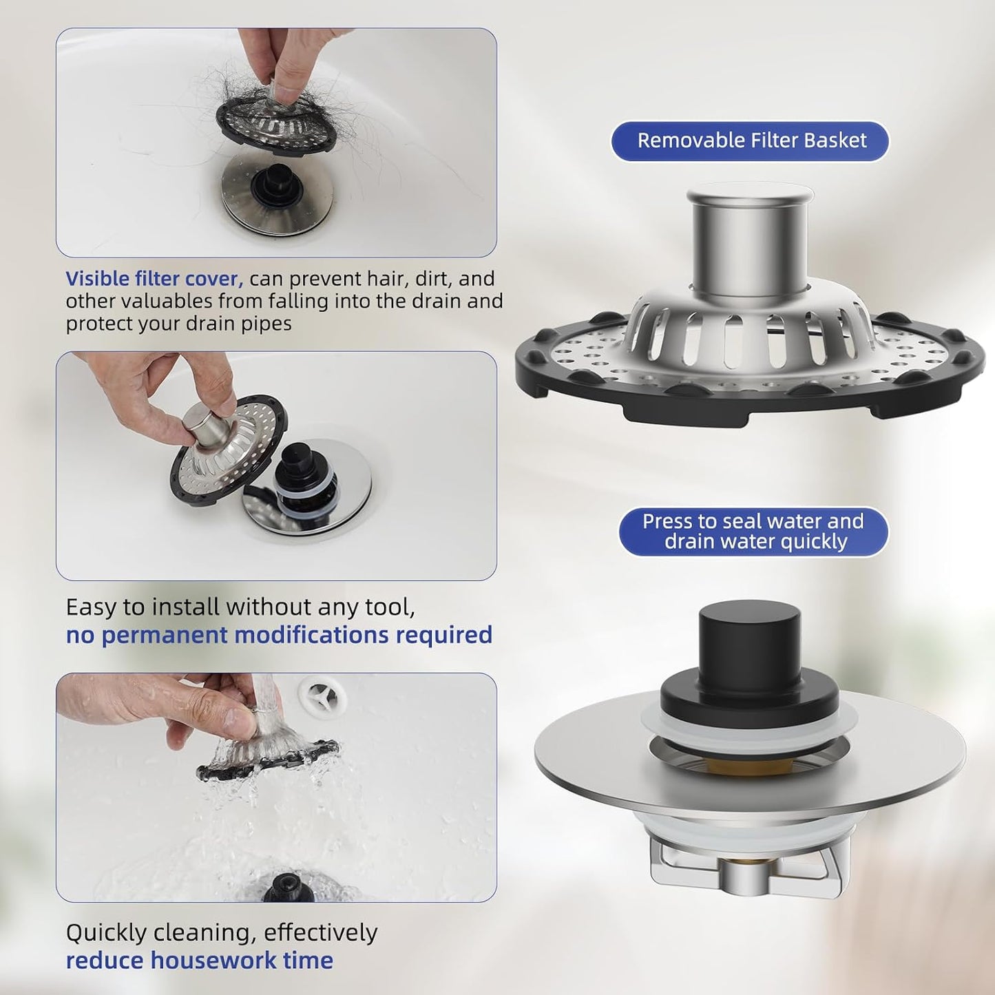 Universal Bathtub Drain Stopper Shower Drain Hair Catcher, Tub Stopper with Visible Top Strainer, Upgraded 3 in 1 Pop-up Drain Plug Fit for 1.5 to 2.4" Hole, Stainless Steel Filter Basket, Chrome