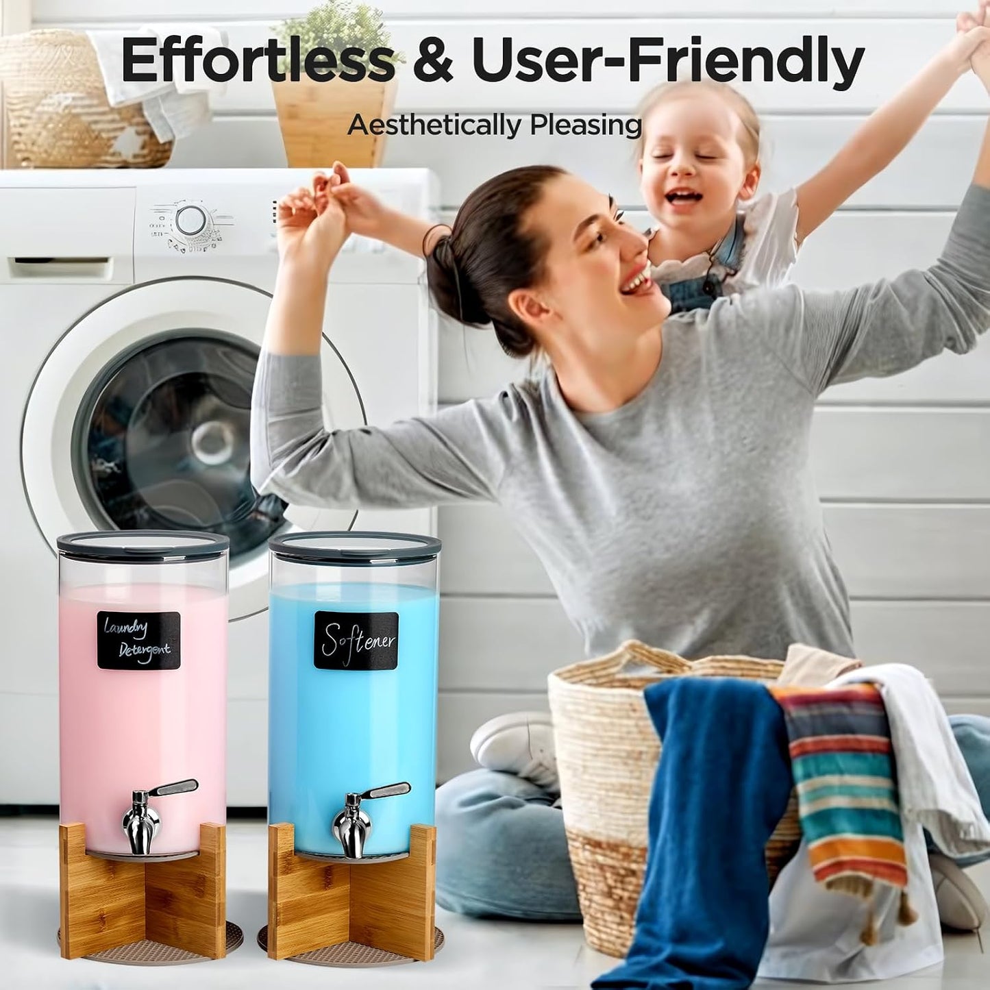 Glass Laundry Detergent Dispenser with Holder,1.1 Gallon Laundry Liquid Dispensers with Stainless-Steel Tap,Large Glass Fabric Softener Containers with Stand for Laundry Room Organization