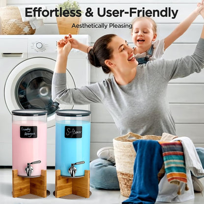 Glass Laundry Detergent Dispenser with Holder,1.1 Gallon Laundry Liquid Dispensers with Stainless-Steel Tap,Large Glass Fabric Softener Containers with Stand for Laundry Room Organization