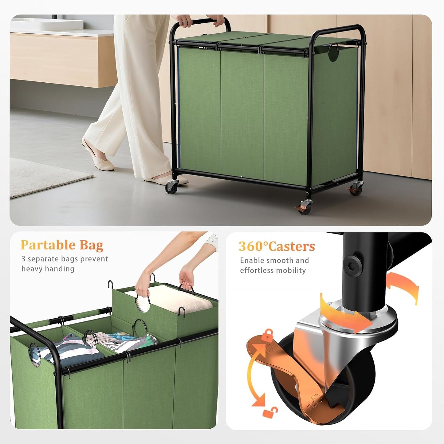 180L (47.55 Gal) Laundry Sorter 3 Section, Rolling Laundry Basket with Lockable Wheels and Lid, Laundry Hamper with 3 Separated Removable Bags Dirty Clothes Hamper for Laundry Room Organizer, Black
