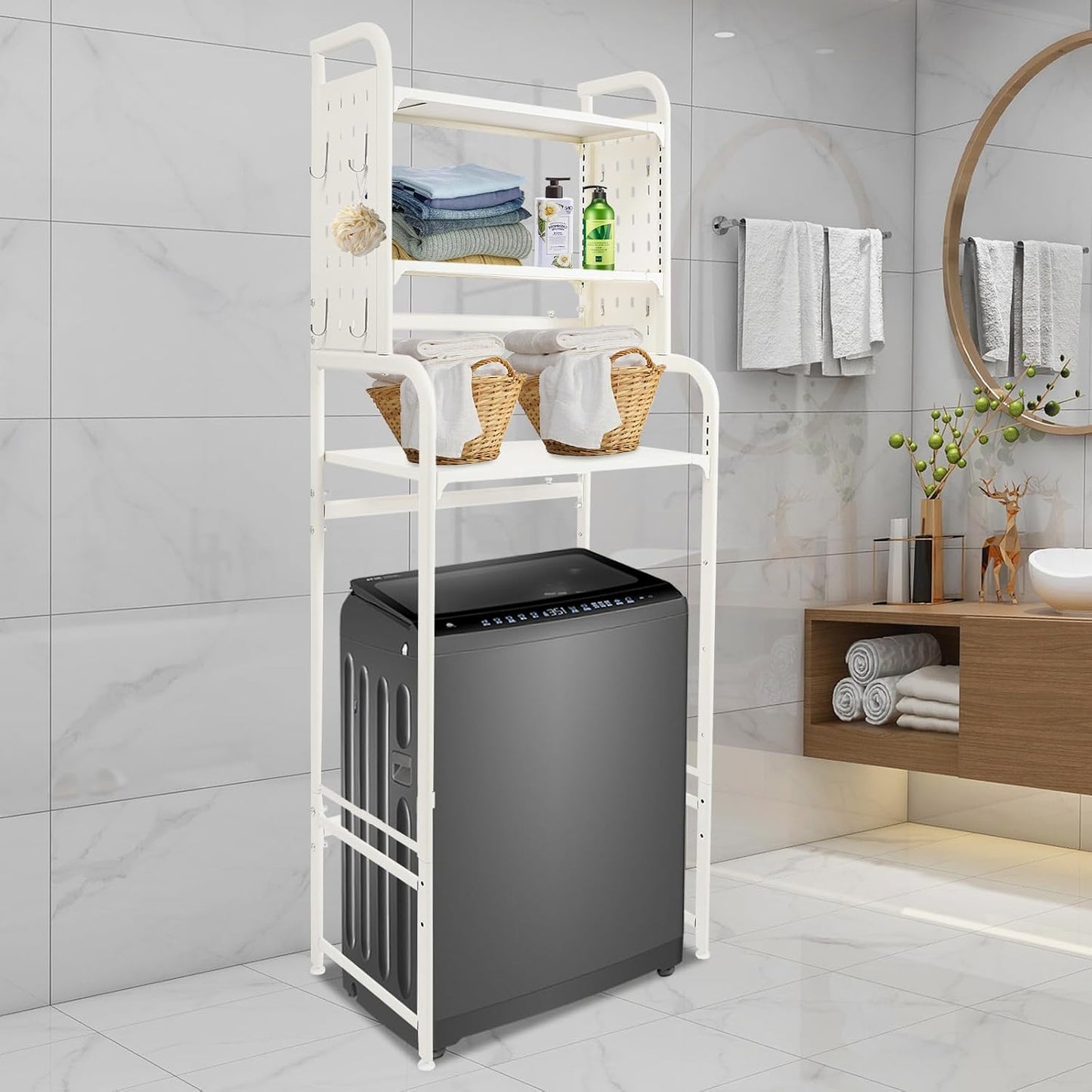 3-Tier Over The Washer and Dryer Storage Shelf, Washing Machine Shelf with Adjustable Height & Hooks, Over Toilet Laundry Room Drying Storage Rack with Pigboard, Space Saver (Gray)