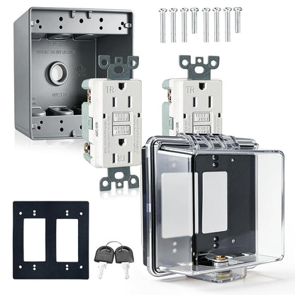 Outdoor GFCI Outlet with in Use Cover and Waterproof Lockable Box Kit,1 Gang, 15 Amp TRWR Self-Test GFI Receptacle,Electrical Baby Proof Self-Lock Covers,1 Pack