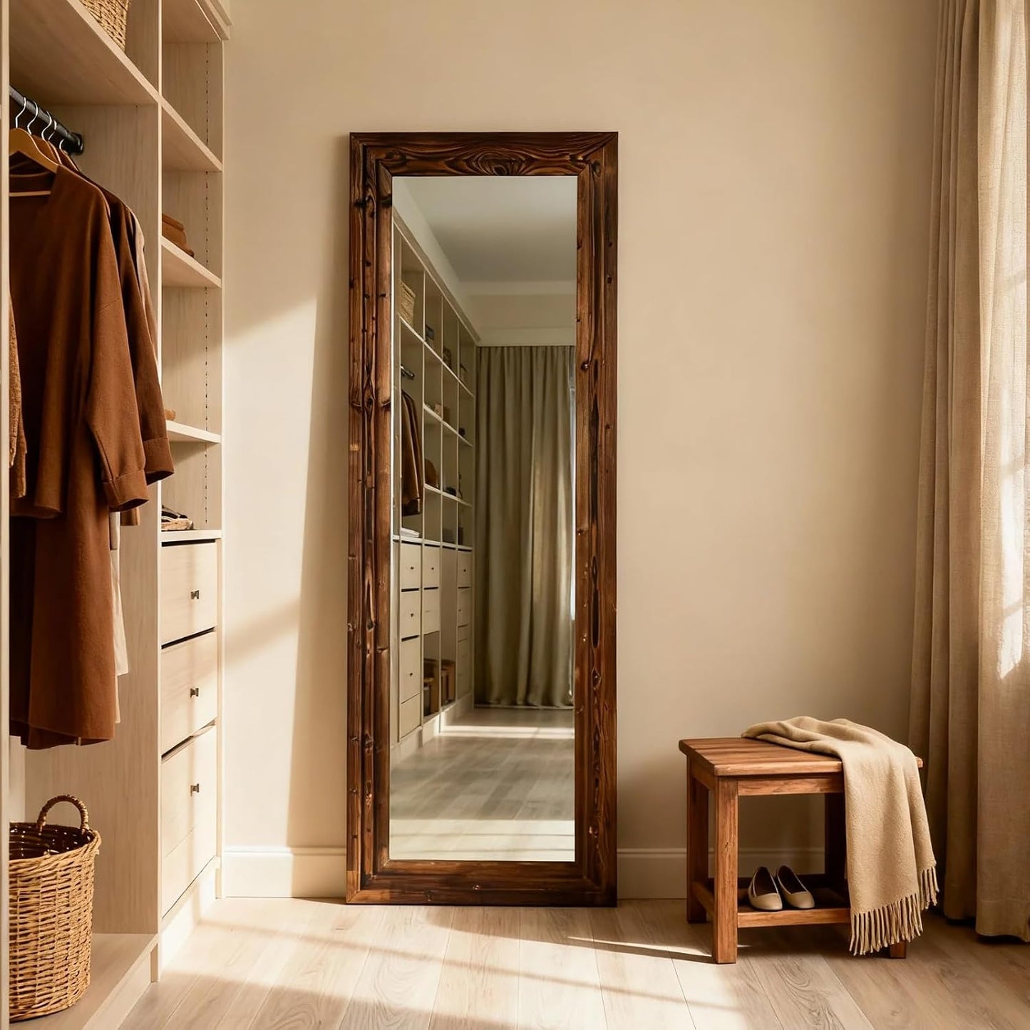Full Body Mirror with Wooden Frame,Full Length Standing Floor Mirror for Farmhouse, Bathroom, Bedroom Decor, Hanging or Leaning Wall-Mounted,Brown