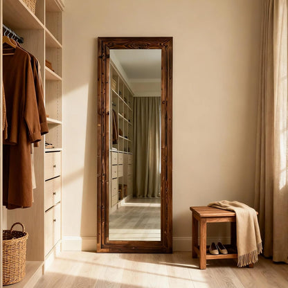 Full Body Mirror with Wooden Frame,Full Length Standing Floor Mirror for Farmhouse, Bathroom, Bedroom Decor, Hanging or Leaning Wall-Mounted,Brown