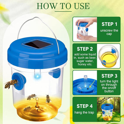 Wasp Trap Solar Powered Bee Trap Reusable Fly Traps Outdoor Hanging Wasp Killer with UV LED Light Flying Insects Bee Killer for Indoor Outside Patio Garden Home (6, Yellow)