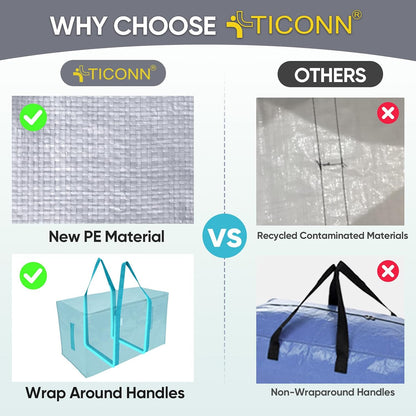 TICONN 4 Pack Extra Large Moving Bags Heavy Duty with Zippers & Carrying Handles, Durable Storage Bags Moving Boxes for Closet Organizers and Storage (4 Pack, Blue)