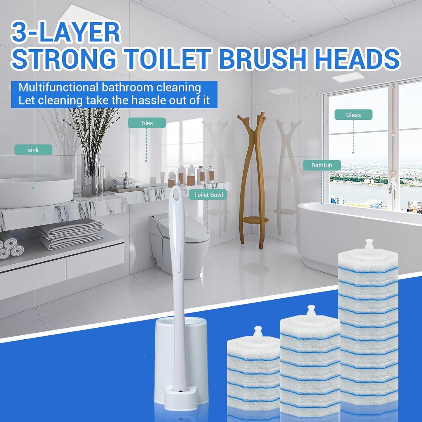 50 Pack Disposable Toilet Brush Refills, Universal Compatible Replacement Heads, 3-Layer Deep Cleaning Sponges for Bathroom Wand, Blue & White Striped Scrubbers