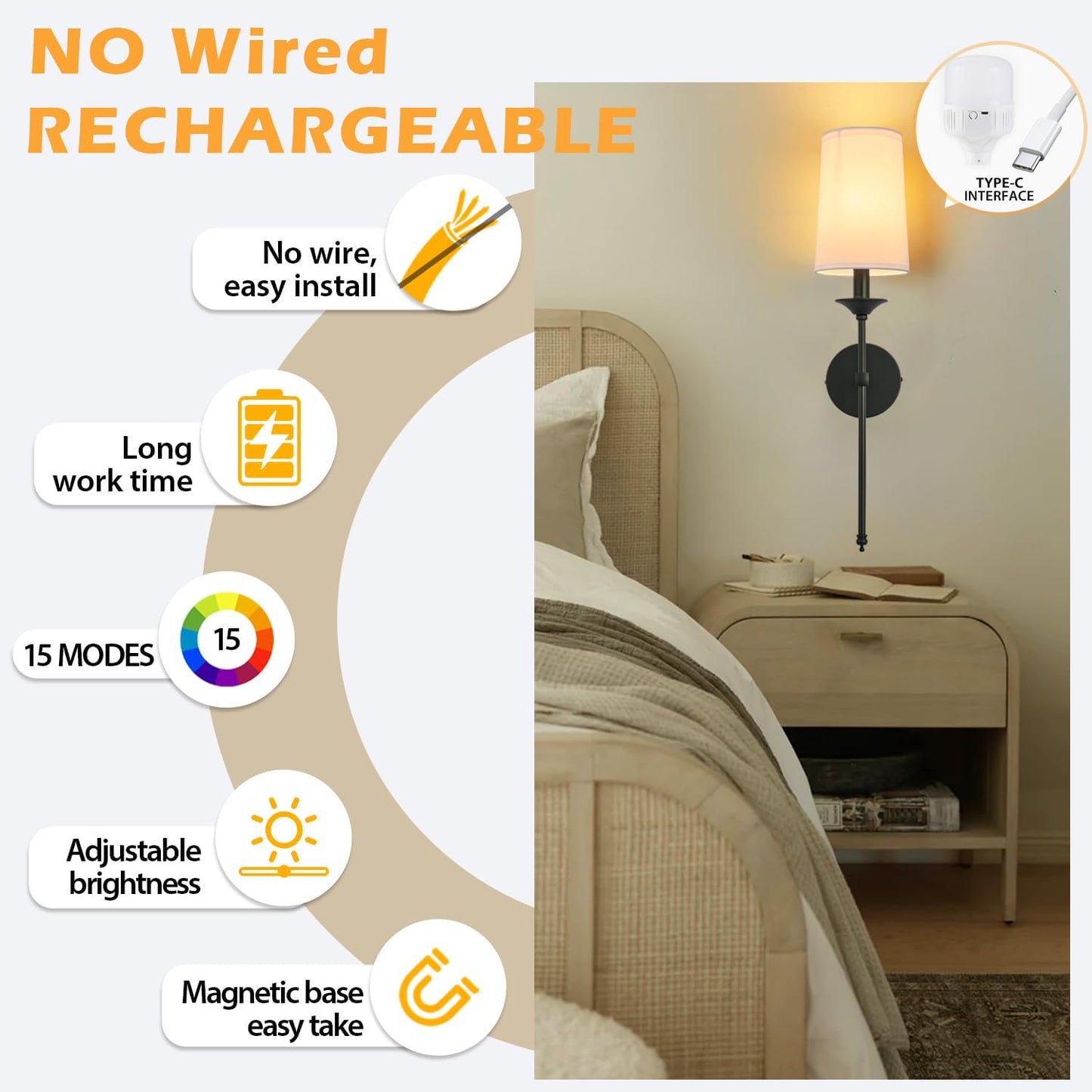 PASSICA DECOR Battery Operated Wall Sconce Set of 2 - Rechargeable Cordless Lights with Remote, Dimmable RGB Timer Wireless Sconces for Bedroom, Living Room, Hallway