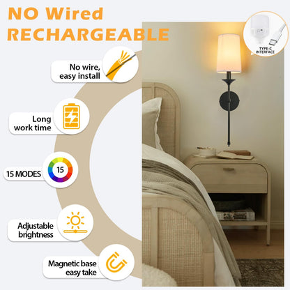 PASSICA DECOR Battery Operated Wall Sconce Set of 2 - Rechargeable Cordless Lights with Remote, Dimmable RGB Timer Wireless Sconces for Bedroom, Living Room, Hallway