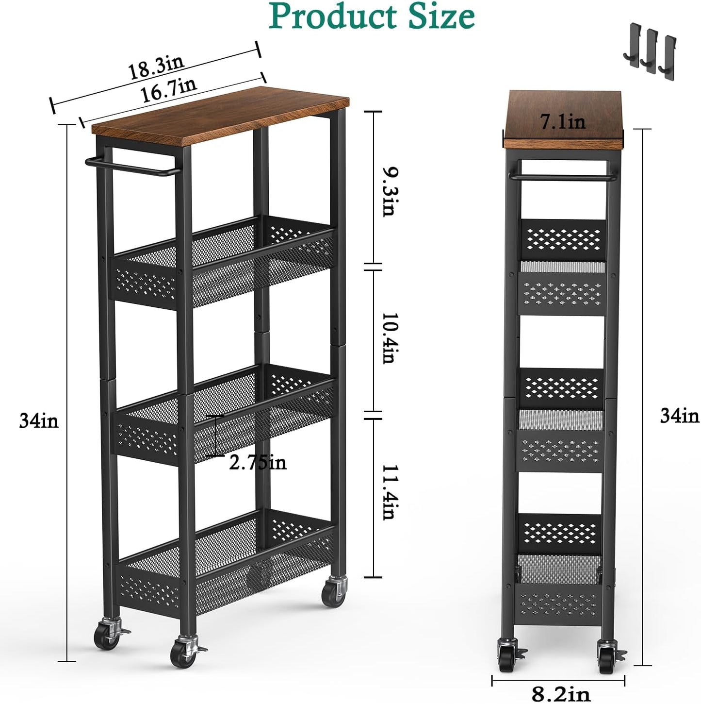 XYZLVSI Slim Storage Cart 4 Tier Narrow Kitchen Rolling Cart on Wheels for Small Space, Mobile Utility Cart Shelving Unit with Wooden Top and Metal Handle for Kitchen, Bathroom, Laundry Room