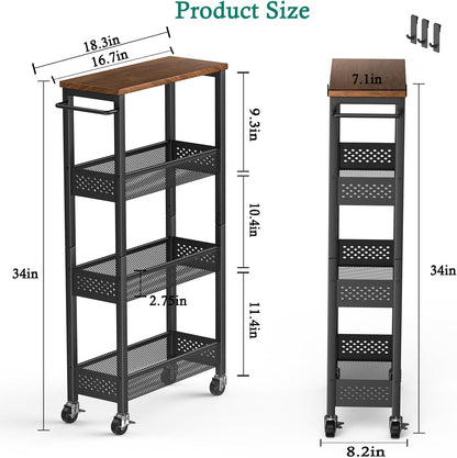 XYZLVSI Slim Storage Cart 4 Tier Narrow Kitchen Rolling Cart on Wheels for Small Space, Mobile Utility Cart Shelving Unit with Wooden Top and Metal Handle for Kitchen, Bathroom, Laundry Room