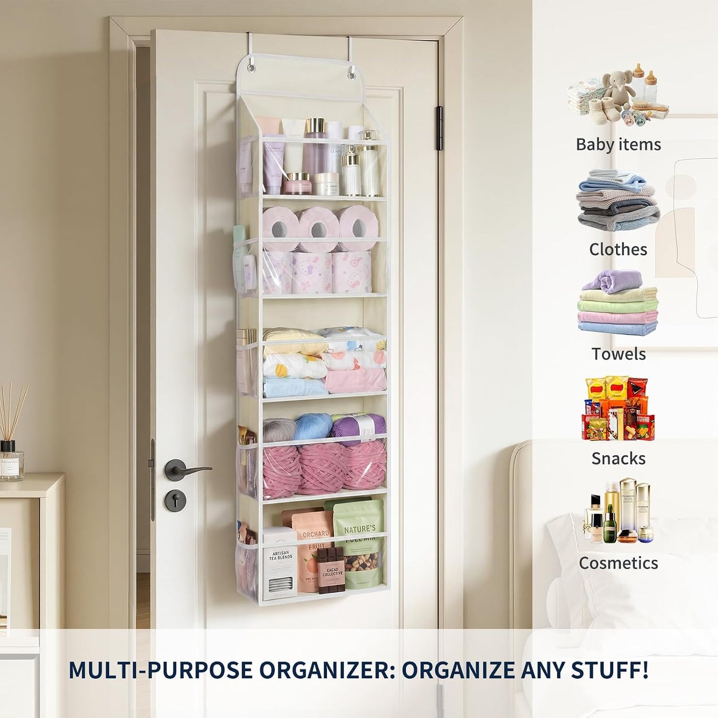 Yecaye 5-Tier Over the Door Organizer Hanging, Toy Stuffed Animal Storage, Behind the Door Storage with 5 Clear View Windows & 10 Side Pockets, Over the Door Storage for Bathroom Closet Nursery, Grey