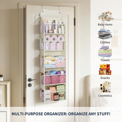 Yecaye 5-Tier Over the Door Organizer Hanging, Toy Stuffed Animal Storage, Behind the Door Storage with 5 Clear View Windows & 10 Side Pockets, Over the Door Storage for Bathroom Closet Nursery, Grey