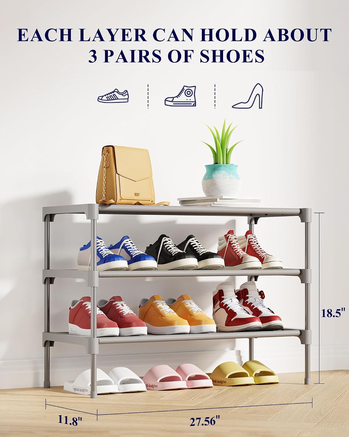 Kitsure Shoe Rack - Non-Woven Shoe Rack Shelf, Shoe Organizer for Closet, Entryway, Garage & Corridor, Stackable Shoe Shelves, 27.5" Wide - 3 Tier, Black