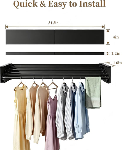 Wall Mounted Foldable Clothes Drying Rack Carbon Steel 5 Rods, Space-Saving Laundry Drying Rack with Wall Template (1, White, 19.69")
