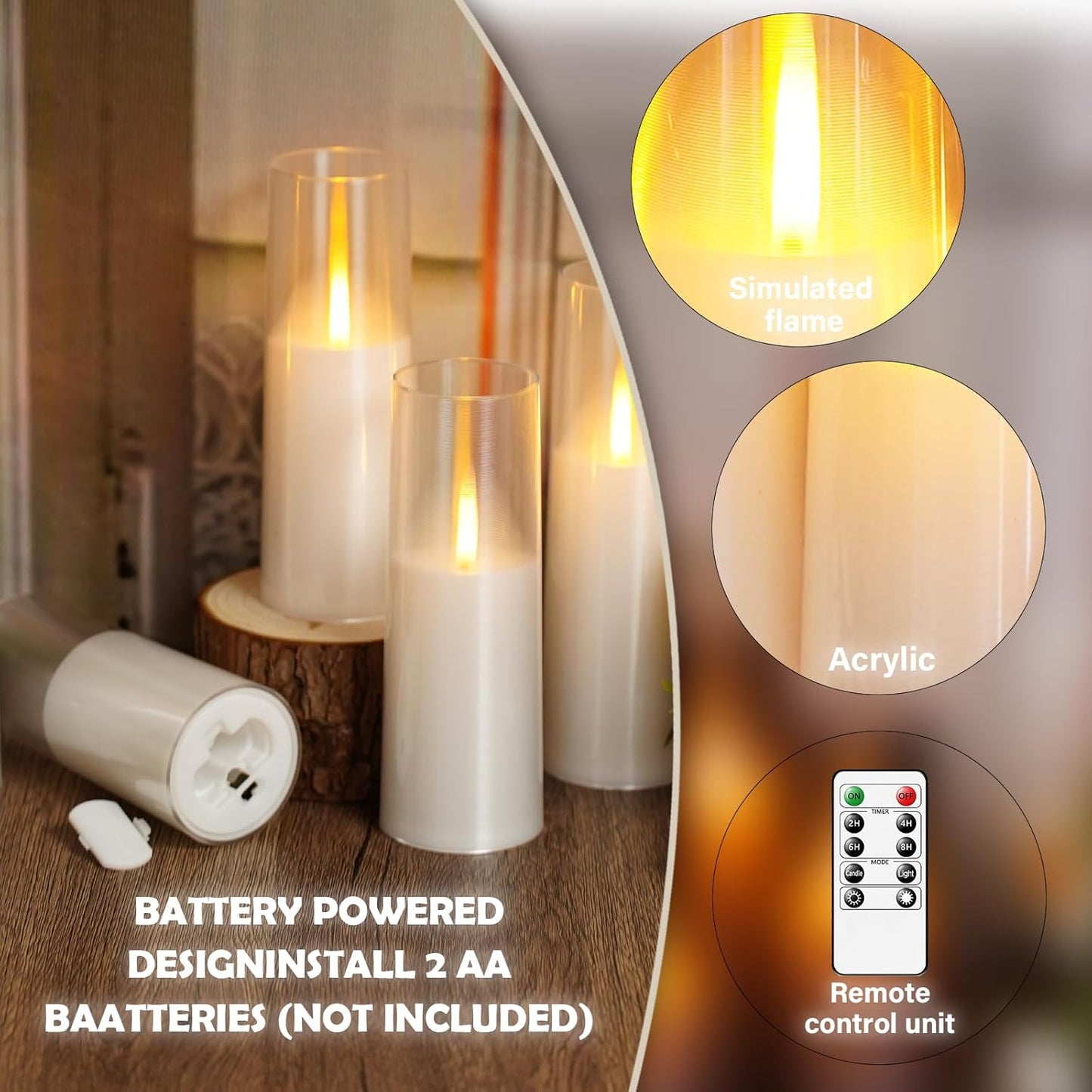 kakoya Flameless Candles Upgraded Realistic Flickering Flame,Battery Operated LED Candles with Remote Timers,Acrylic Electric Candles Set of 3(D 3" xH 4" 5" 6")（Grey）