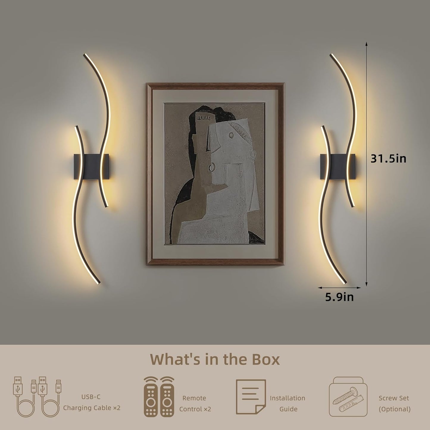 Battery Operated Wall Sconce Set of 2, Dimmable Modern LED Rechargeable Wall Light with Remote Control, Wall Decor for Living Room, Hallway, Quick Install, No Electrician Required