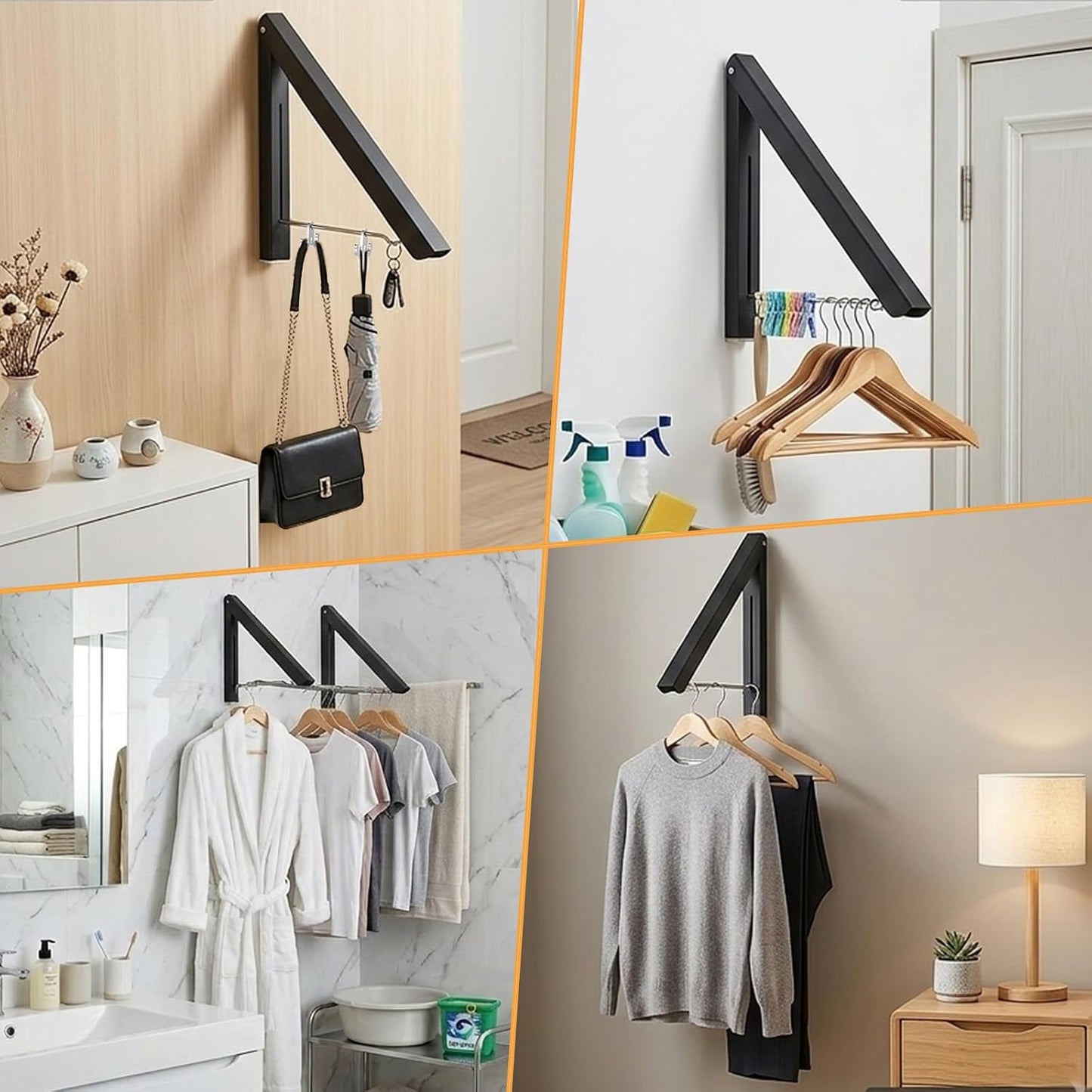 2 Pack Clothes Drying Rack, Wall Mounted Retractable Laundry Rack, 60LBS Heavy Duty Aluminum Foldable Clothes Hanger for Laundry Room, Bathroom, RV, Indoor & Outdoor Use, Drill-Free Installation