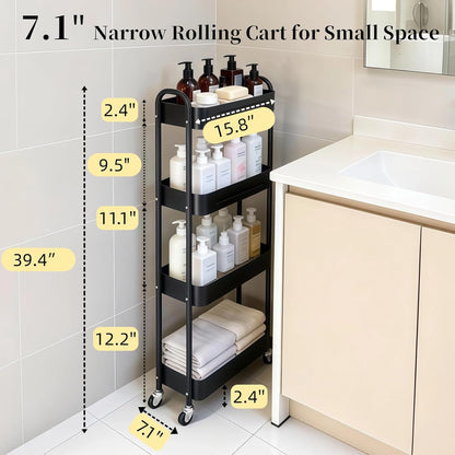 3 Tier Slim Metal Rolling Storage Cart for Laundry Room & Kitchen Organizer, 7.1'' Thin Standing Shelf for Narrow Spaces, Utility Cart with Wheels & Lockable Casters for Bathroom, Black